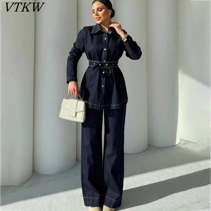 Tuta denim donna 2025 – giacca lunga a maniche lunghe + pantaloni a gamba ampia di alta qualità, stile autunnale