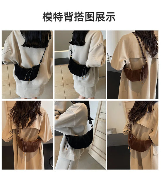 Borsetta baguette crossbody in velluto 2025 – stile western, zip e look raffinato minimal