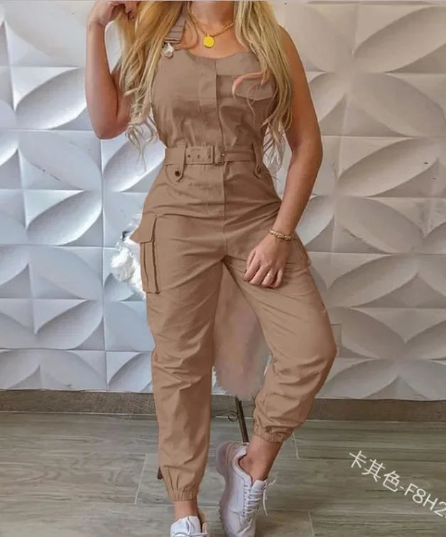 Jumpsuit cargo donna 2025 – tuta senza maniche con spalline sottili, tasche utility, look casual chic