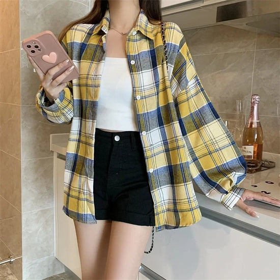 Camicia a quadri donna autunno 2025 – camicia manica lunga stile preppy vintage, taglio loose, single-breasted