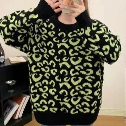 Pullover spesso jacquard 2025 donna – Maglione con fantasia leopard per autunno/inverno