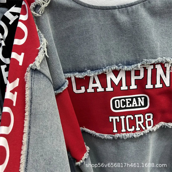 Completo Donna Denim Patchwork – Felpa + Pantaloni Streetwear Casual