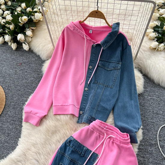Set denim donna 2025 – completo felpa con cappuccio + pantaloni larghi elasticizzati, co-ord casual trendy