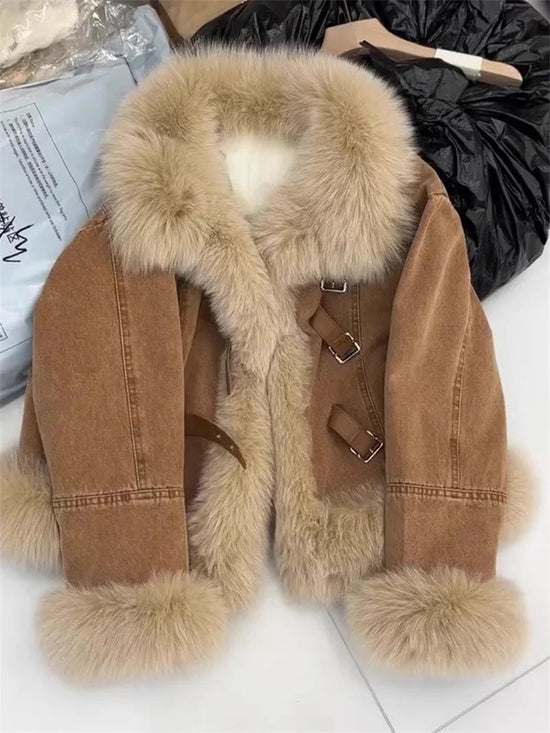 Giacca in denim con colletto in pelliccia marrone per donna – Giacca lunga a maniche lunghe, stile casual elegante per l'autunno/inverno 2025