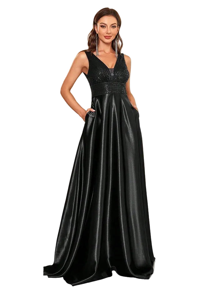 Abito Lungo Elegante Donna con Paillettes e Scollo V – Vestito Cerimonia Matrimonio