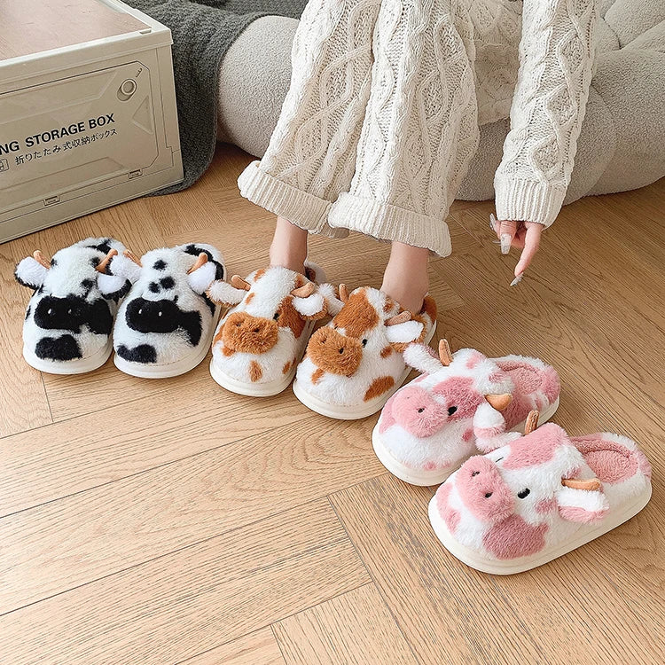 Casual Fluffy Slippers Women House Cute Cartoon Cow Designer Shoes Girl Flat Fashion Elegant Plush Winter Platform Footwear Home