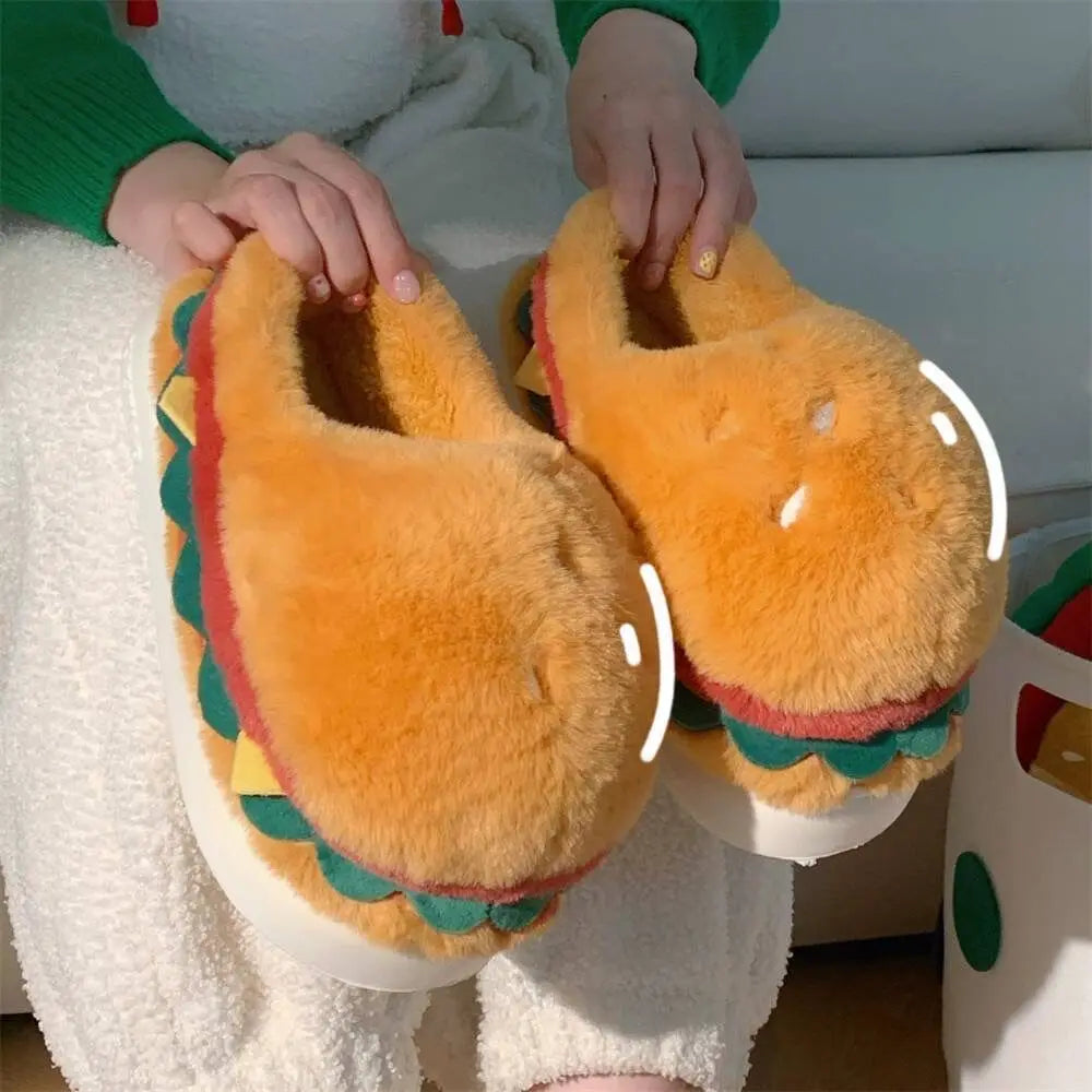 2026 new style autumn and winter fun home cotton slippers couple cute hamburger full-covered heel fuzzy shoes warm men and women