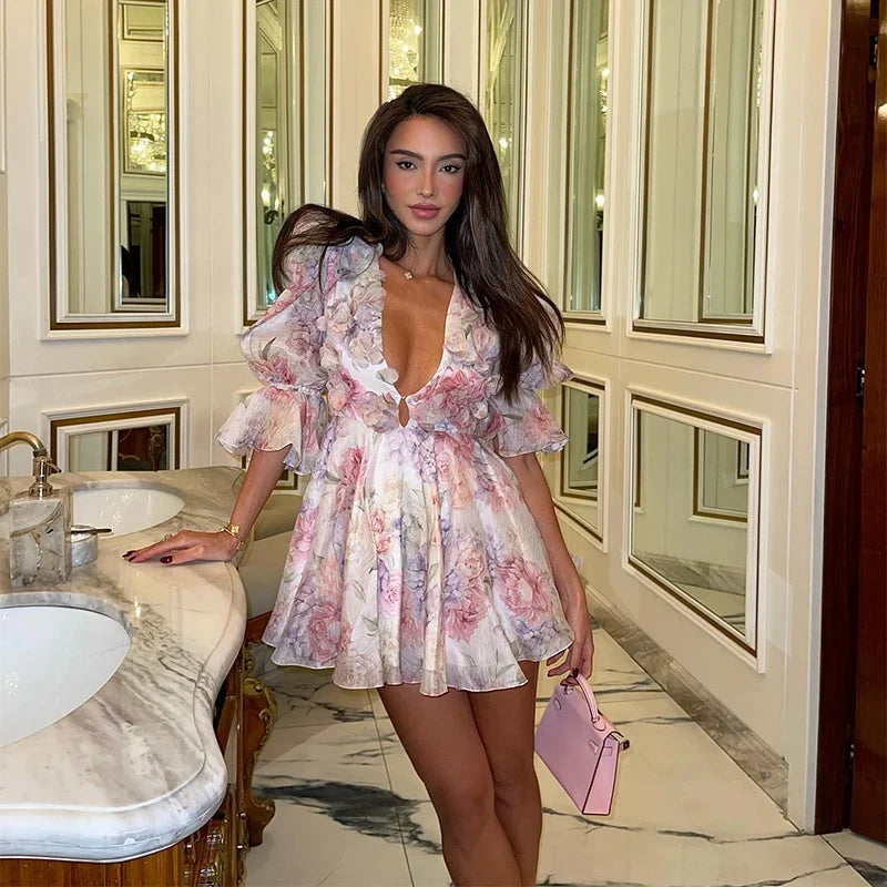 Vestito estivo mini chiffon floreale con scollatura profonda e maniche a palloncino – Abito da sera Fairycore 2025