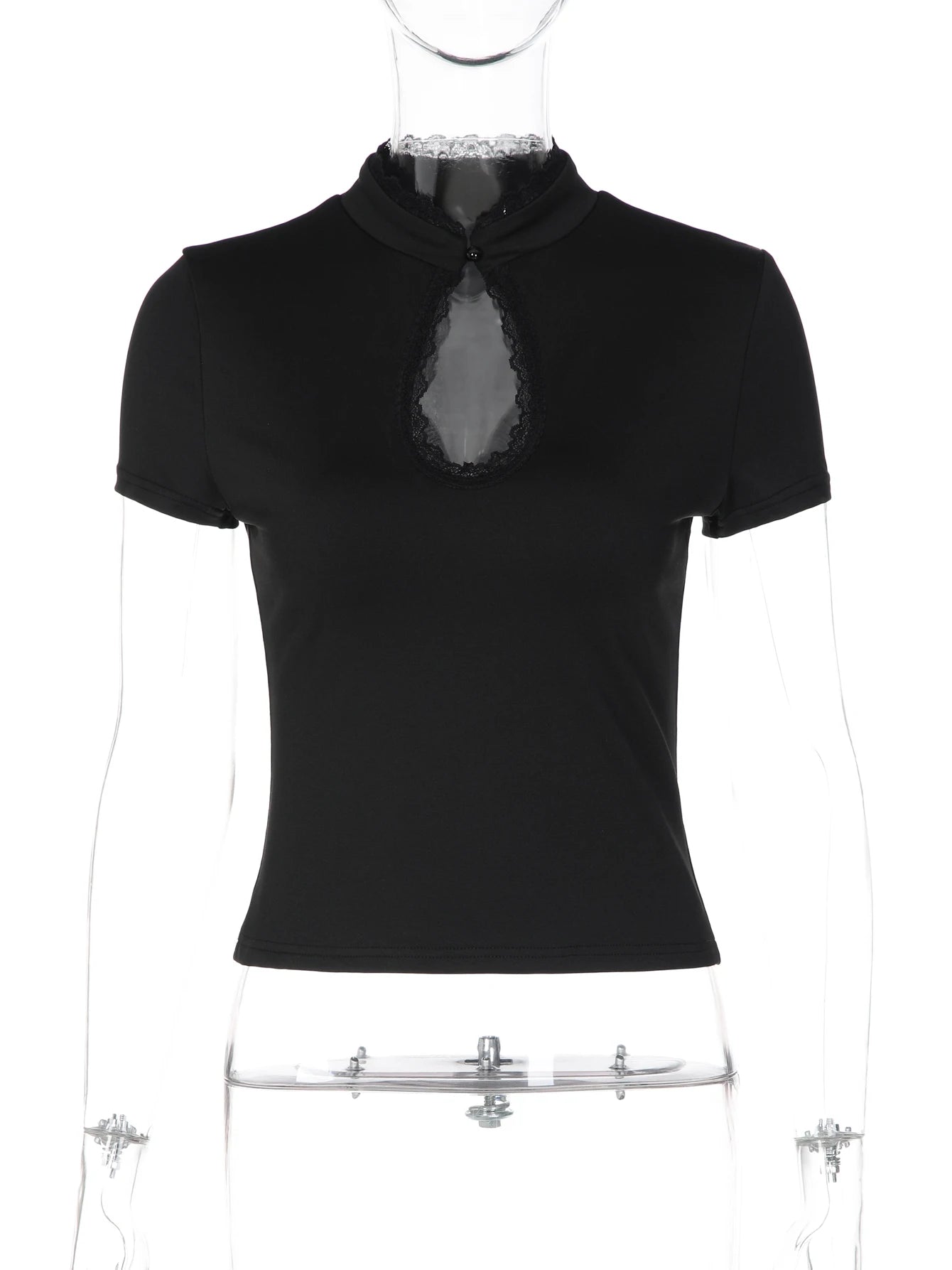 Dulzura O-Neck Short Sleeve Hollow Out Lace Ruffle Patchwork T-Shirt Women'S Solid Sexy Casual Y2K Top Party Club Street Clothes