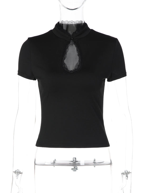 Dulzura O-Neck Short Sleeve Hollow Out Lace Ruffle Patchwork T-Shirt Women'S Solid Sexy Casual Y2K Top Party Club Street Clothes