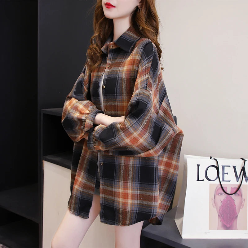 Camicia a quadri donna autunno 2025 – camicia manica lunga stile preppy vintage, taglio loose, single-breasted