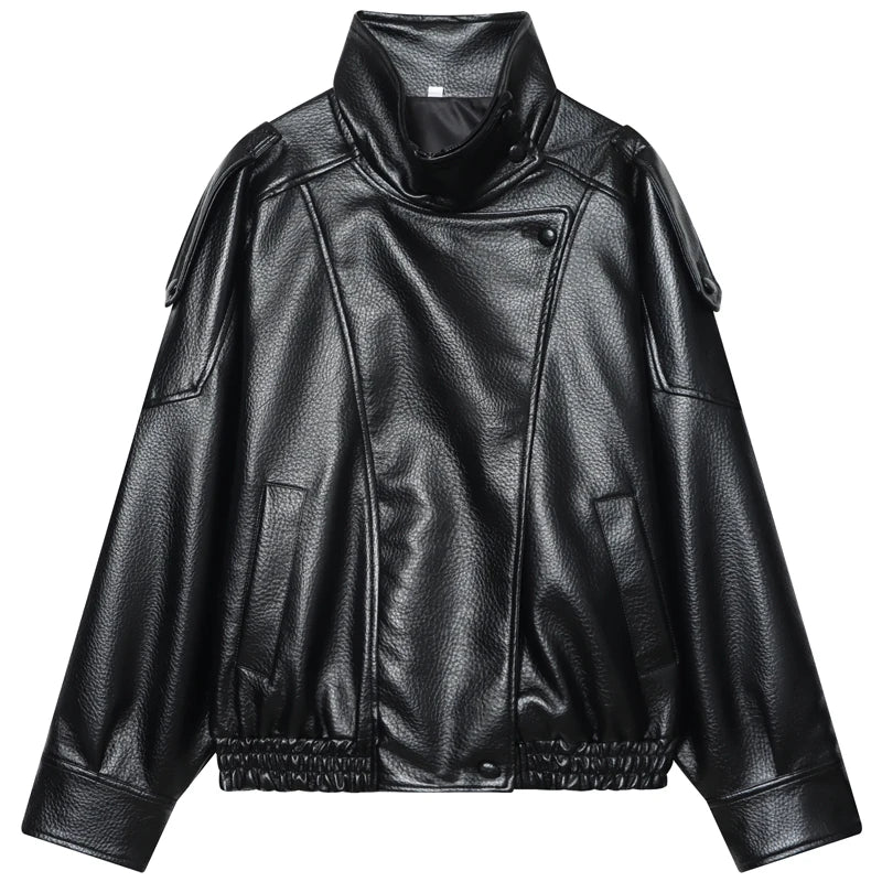 Bomber corto donna effetto pelle con zip e collo alto - Nero