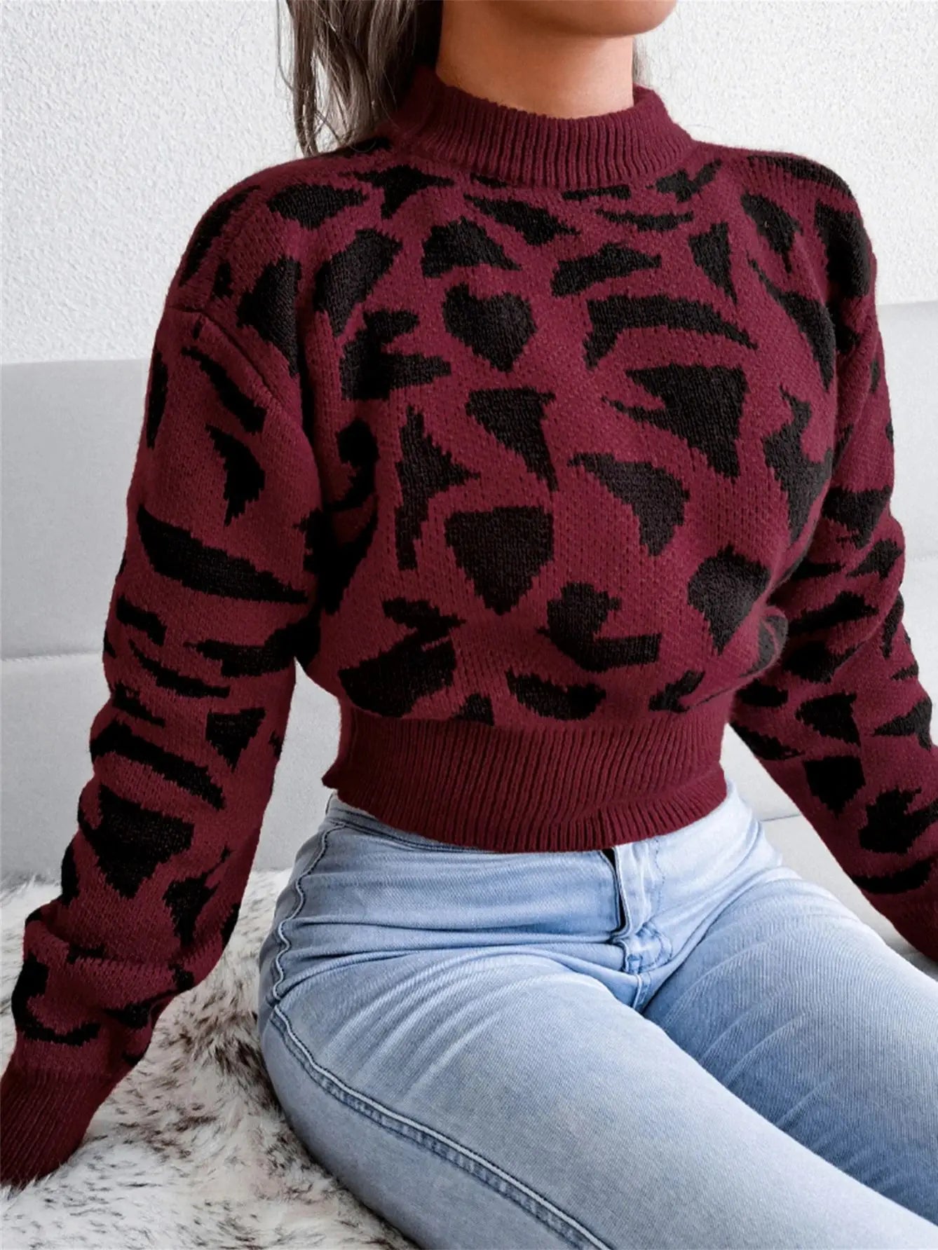 Pullover con stampa leopardata donna – Maglione corto girocollo per autunno/inverno, knit con raccolta in vita