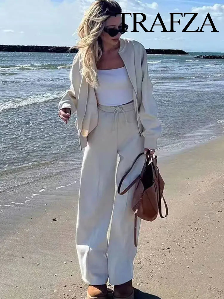 Completo donna autunnale con bomber corto e pantaloni palazzo vita alta – Outfit 2 pezzi