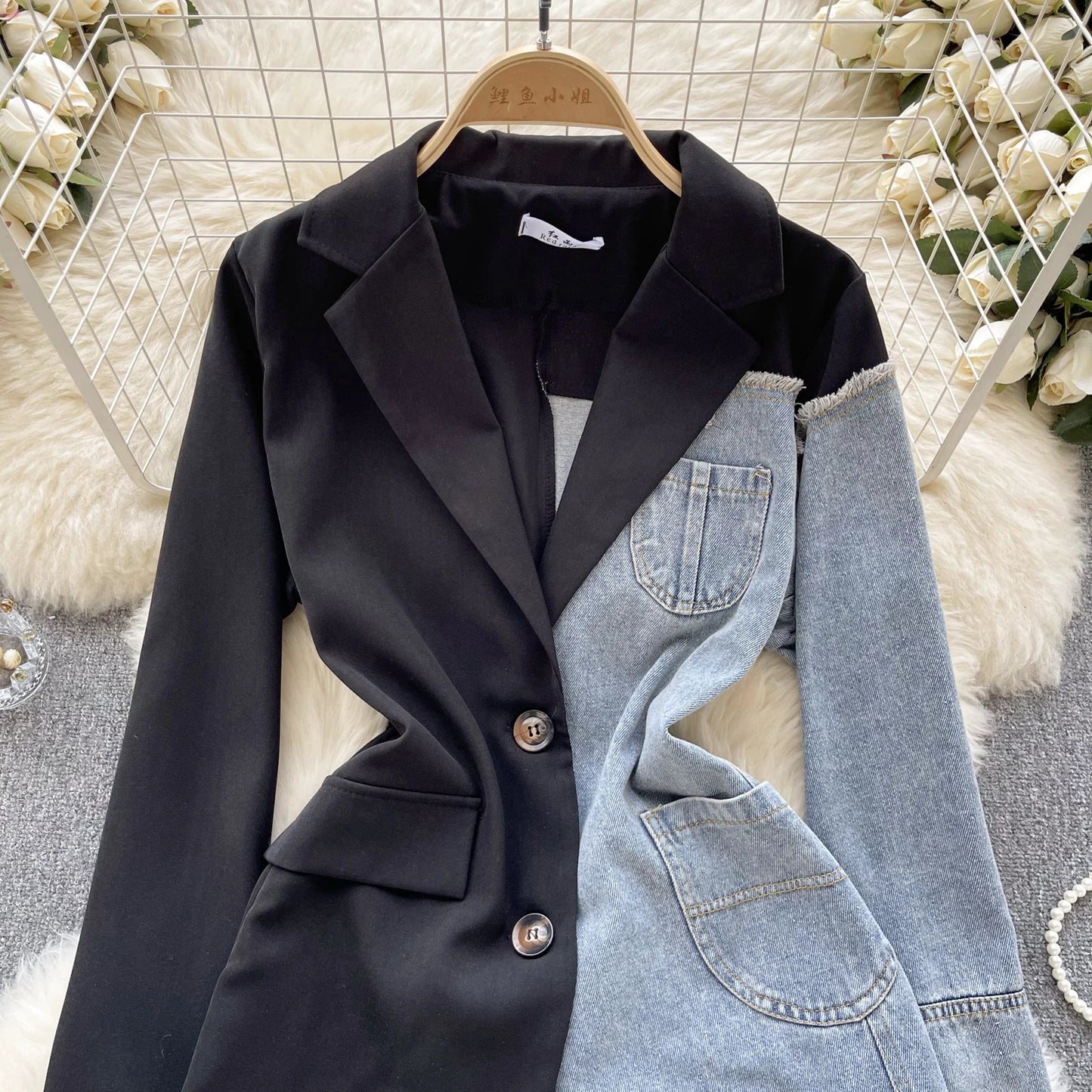 Giacca patchwork in denim con rever 2025 – blazer overshirt donna doppio bottone, vita slim, stile commuter