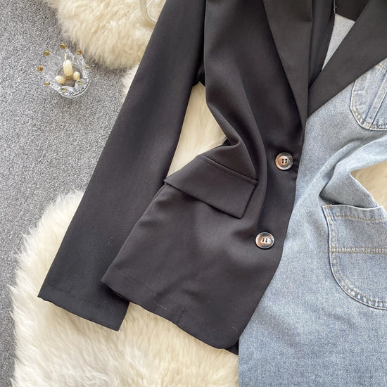 Giacca patchwork in denim con rever 2025 – blazer overshirt donna doppio bottone, vita slim, stile commuter