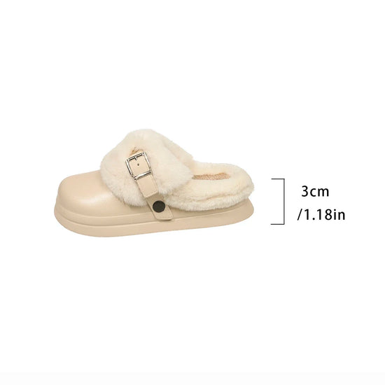 Women EVA Thick Sole Fur Slippers Closed Toe Fluffy Warm Home Slippers Woman Buckle Fashion Slip-on Cover Head Cotton Slippers
