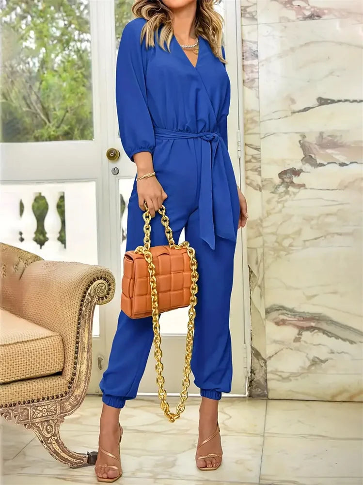 Jumpsuit da ufficio donna 2025 ‒ manica lunga con scollo V e cintura annodata, one piece business elegante