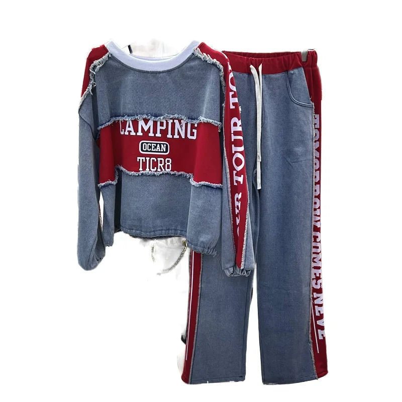 Completo Donna Denim Patchwork – Felpa + Pantaloni Streetwear Casual