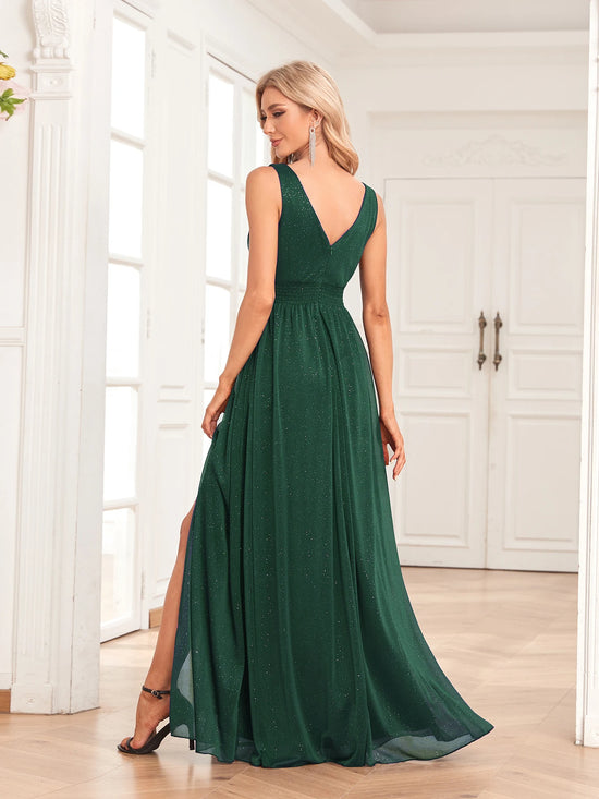 Abito Lungo Elegante da Sera Donna – Chiffon Lucido con Scollatura Doppia a V e Spacco Laterale