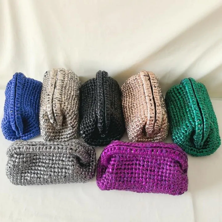 Clutch donna fatta a mano in crochet metallico – pochette elegante in filo metalizzato