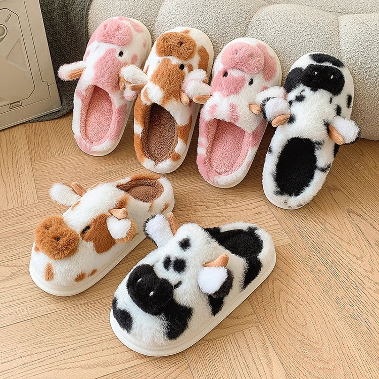 Casual Fluffy Slippers Women House Cute Cartoon Cow Designer Shoes Girl Flat Fashion Elegant Plush Winter Platform Footwear Home