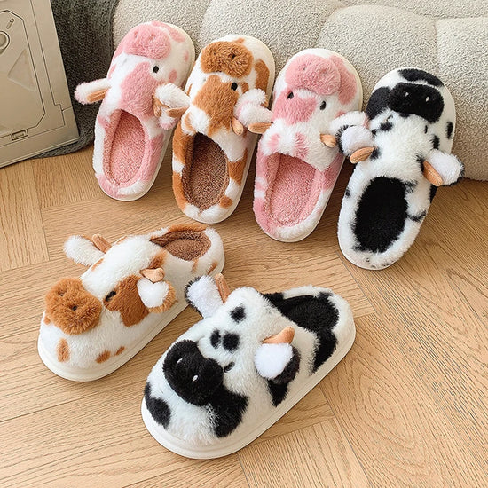 Casual Fluffy Slippers Women House Cute Cartoon Cow Designer Shoes Girl Flat Fashion Elegant Plush Winter Platform Footwear Home