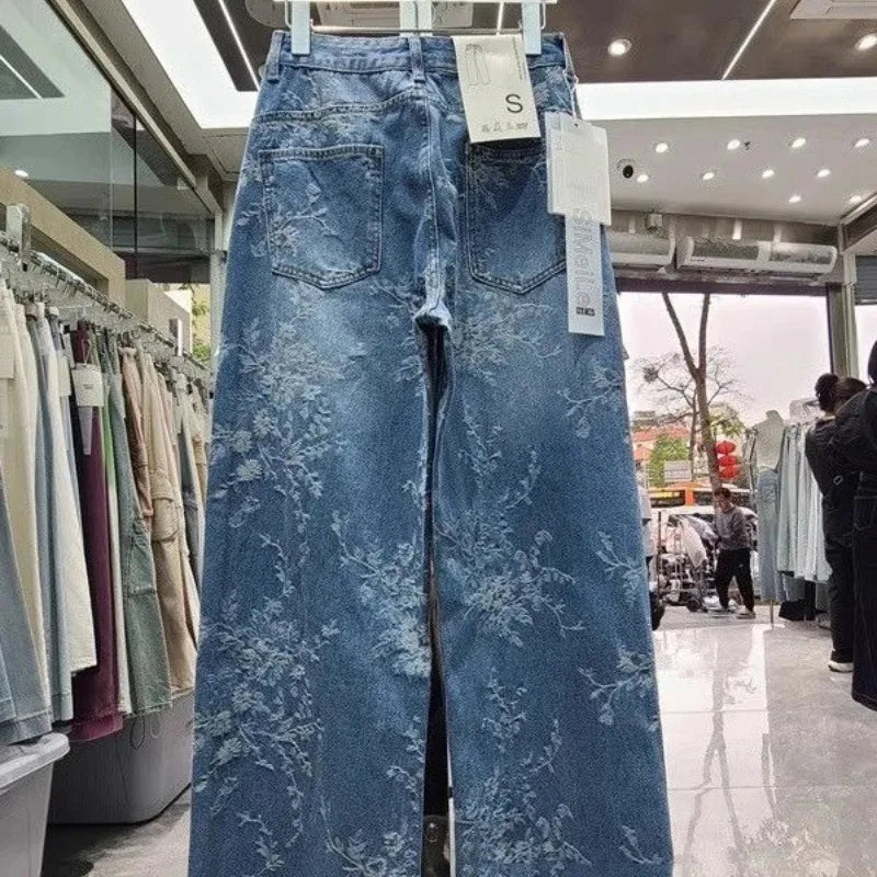 Jeans Wide Leg Donna a Vita Alta con Motivo Jacquard