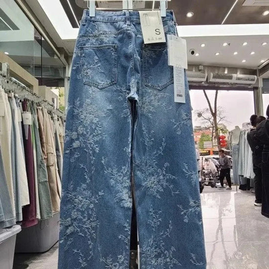 Jeans Wide Leg Donna a Vita Alta con Motivo Jacquard