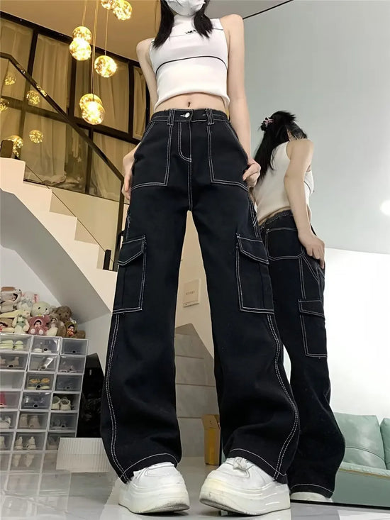 Jeans donna vita alta – Straight / loose fit a gamba dritta, cargo stile, effetto snellente per primavera/autunno