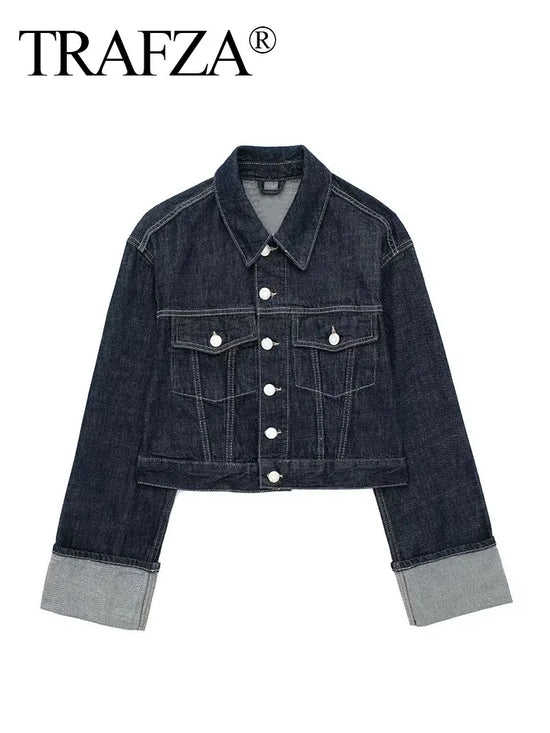 Giacca denim donna vintage 2025 – trench single-breasted con rever a collo, tasche & manica lunga blu scuro
