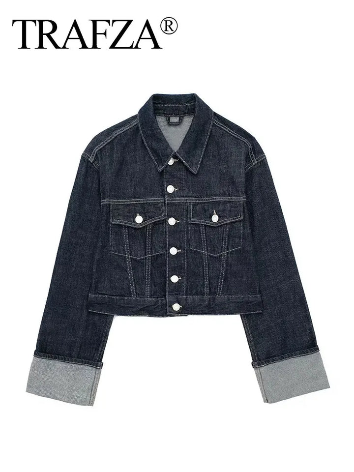 Giacca denim donna vintage 2025 – trench single-breasted con rever a collo, tasche & manica lunga blu scuro