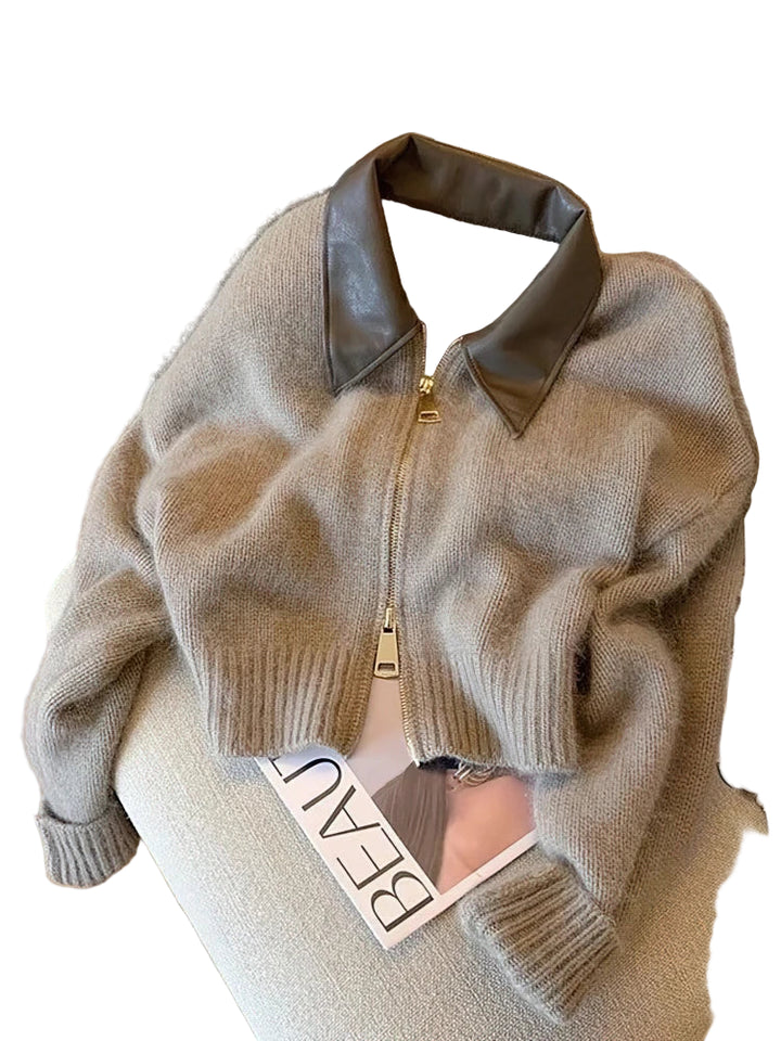 Cardigan cropped patchwork con zip donna – Maglione spesso 400 g, stile vintage / knit bomber corto