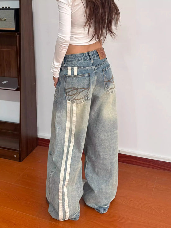 Jeans Baggy Donna Patchwork a Righe Vita Alta - dettaglio prodotto