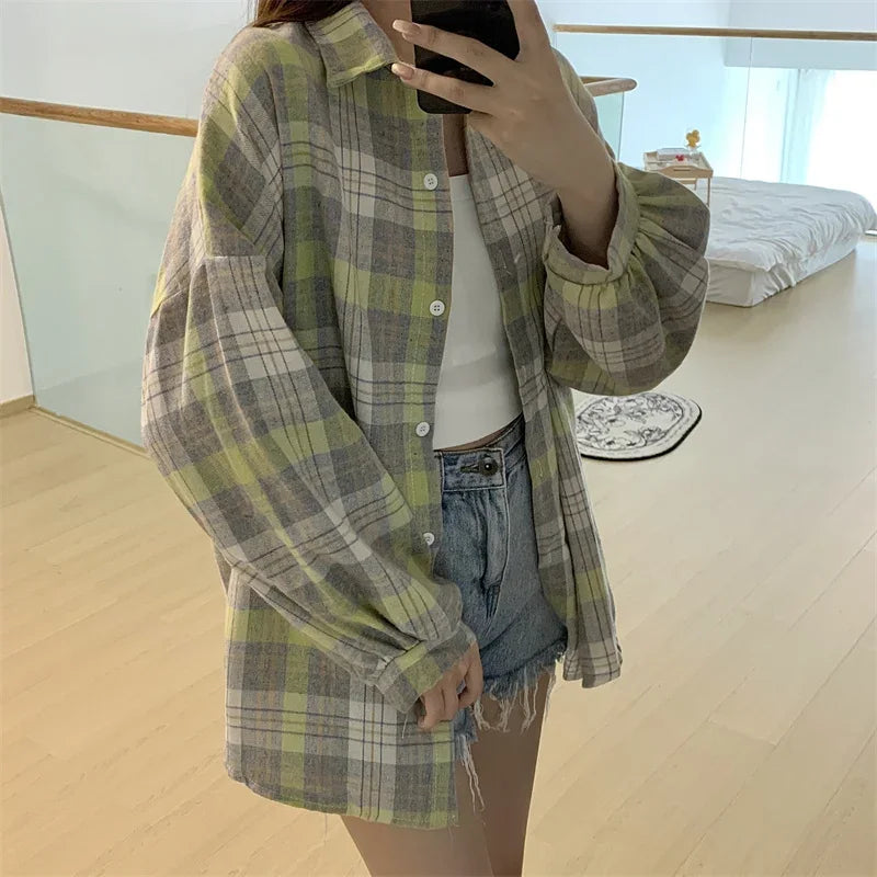 Camicia a quadri donna autunno 2025 – camicia manica lunga stile preppy vintage, taglio loose, single-breasted