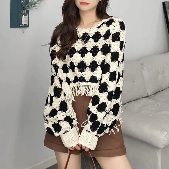 Top con frange all’uncinetto – Maglia cropped boho con maniche a pipistrello, stile vintage / festival