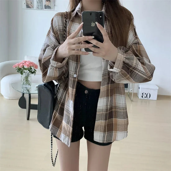 Camicia a quadri donna autunno 2025 – camicia manica lunga stile preppy vintage, taglio loose, single-breasted