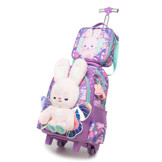 Girls 3D Plush Cat Rolling Backpack 3PCS Set - Waterproof Trolley School Bag with Wheels, Insulated Lunch Bag and Pencil Pouch -