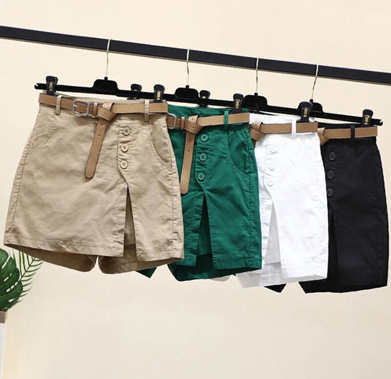 Gonna Pantaloncino Donna Vita Alta – Shorts A-Line con Bottoni