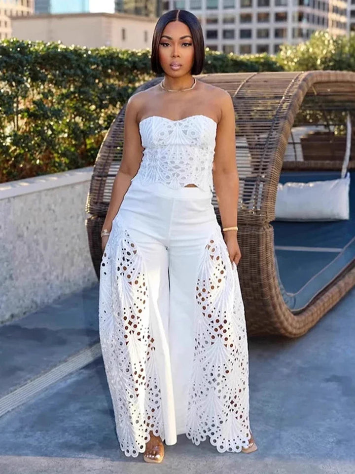 Set top strapless traforato + pantaloni – coordinato donna sexy senza spalline con design hollowed per look chic