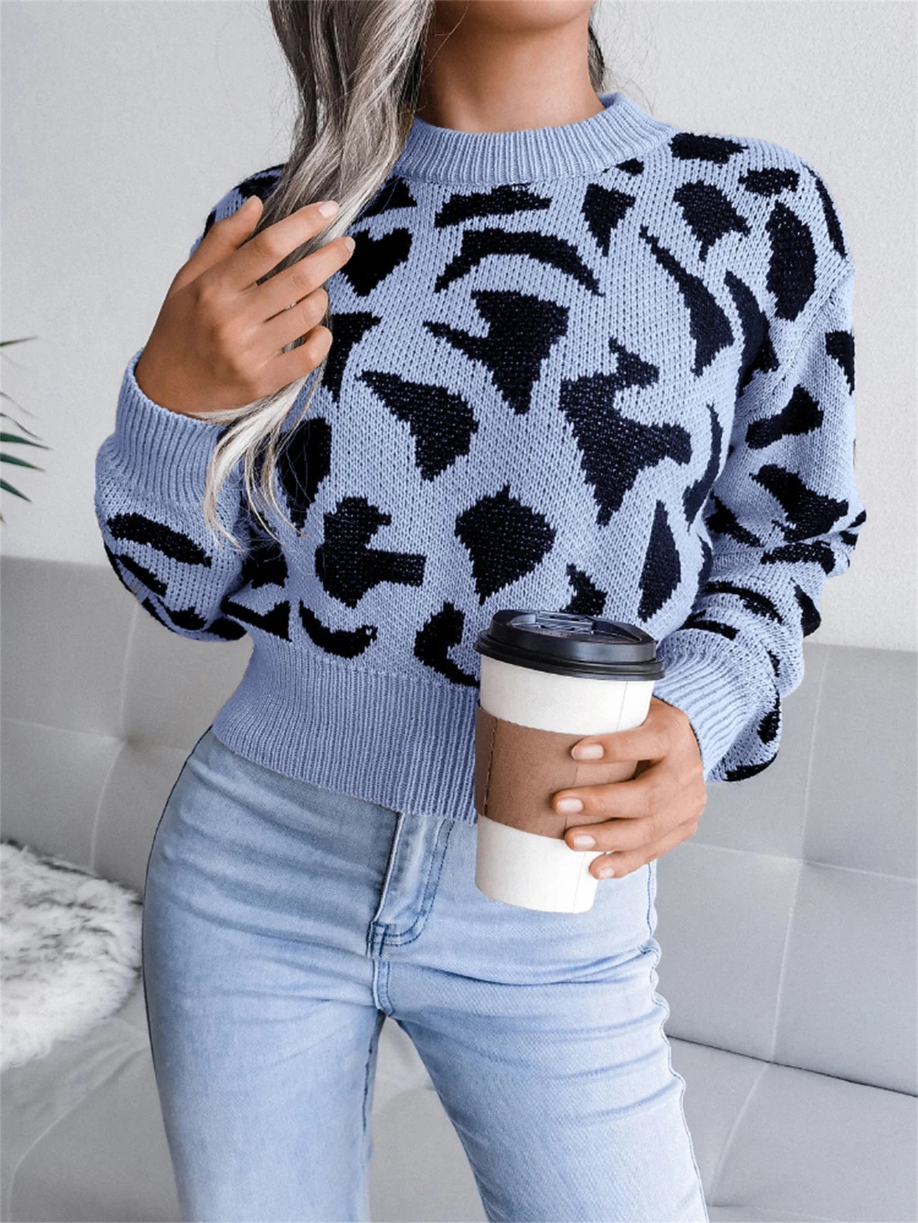 Pullover con stampa leopardata donna – Maglione corto girocollo per autunno/inverno, knit con raccolta in vita