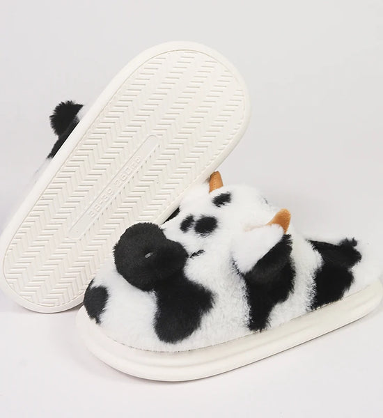 Casual Fluffy Slippers Women House Cute Cartoon Cow Designer Shoes Girl Flat Fashion Elegant Plush Winter Platform Footwear Home