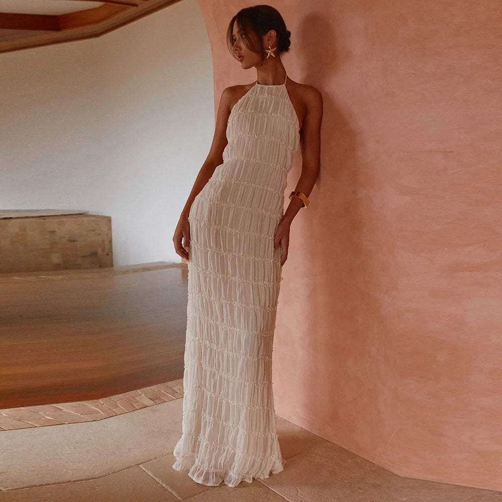 Abito Lungo Donna con Schiena Scoperta e Pieghe – Vestito Elegante Lotus Leaf 2026
