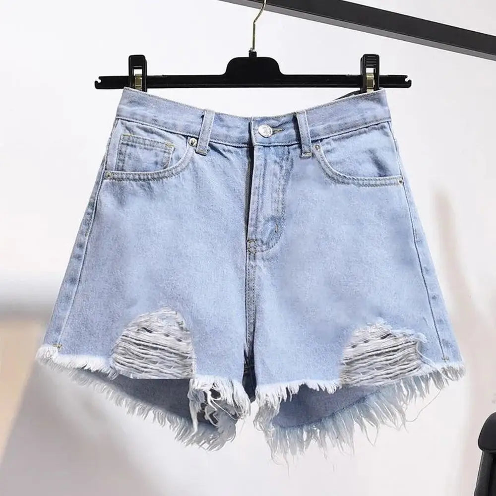 Cowboy shorts donna vita alta stile coreano – denim bianco con tasche, frange e strappi