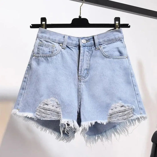 Cowboy shorts donna vita alta stile coreano – denim bianco con tasche, frange e strappi