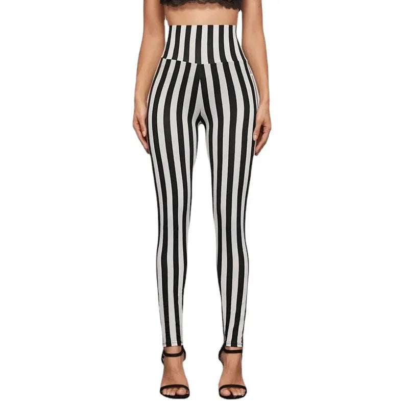 Lazada High-waisted Black White Striped Leggings Base Trousers Nine-point Shorts Southeast Asia Products Factory Direct Sales