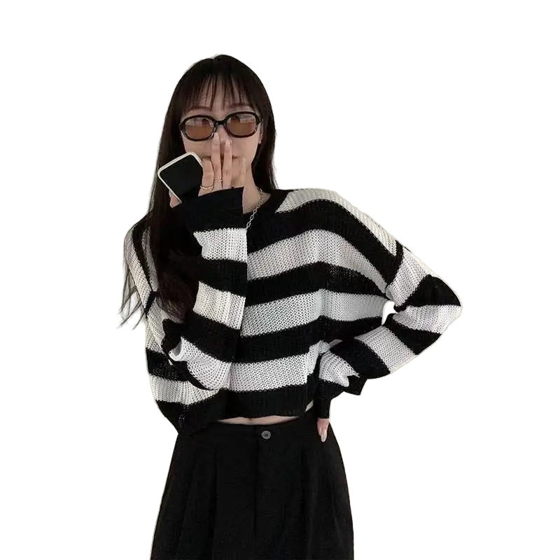 Pullover cropped a righe donna – Maglione oversize vintage a maniche lunghe, casual autunno / inverno