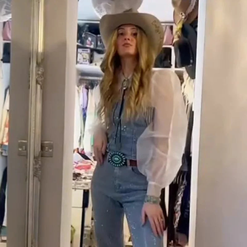 Set denim con paillettes da donna – Gilet crop + jeans vita alta con zip, outfit street style 2025