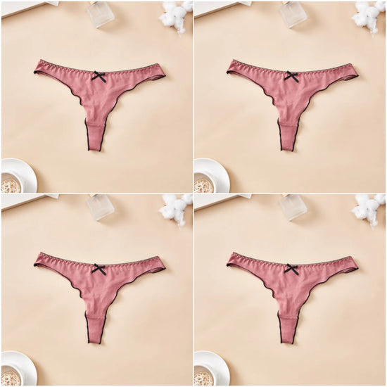 Set 4 pezzi perizomi donna in cotone – solid color, vita bassa, fascia T-back con fiocco, underwear comodo quotidiano