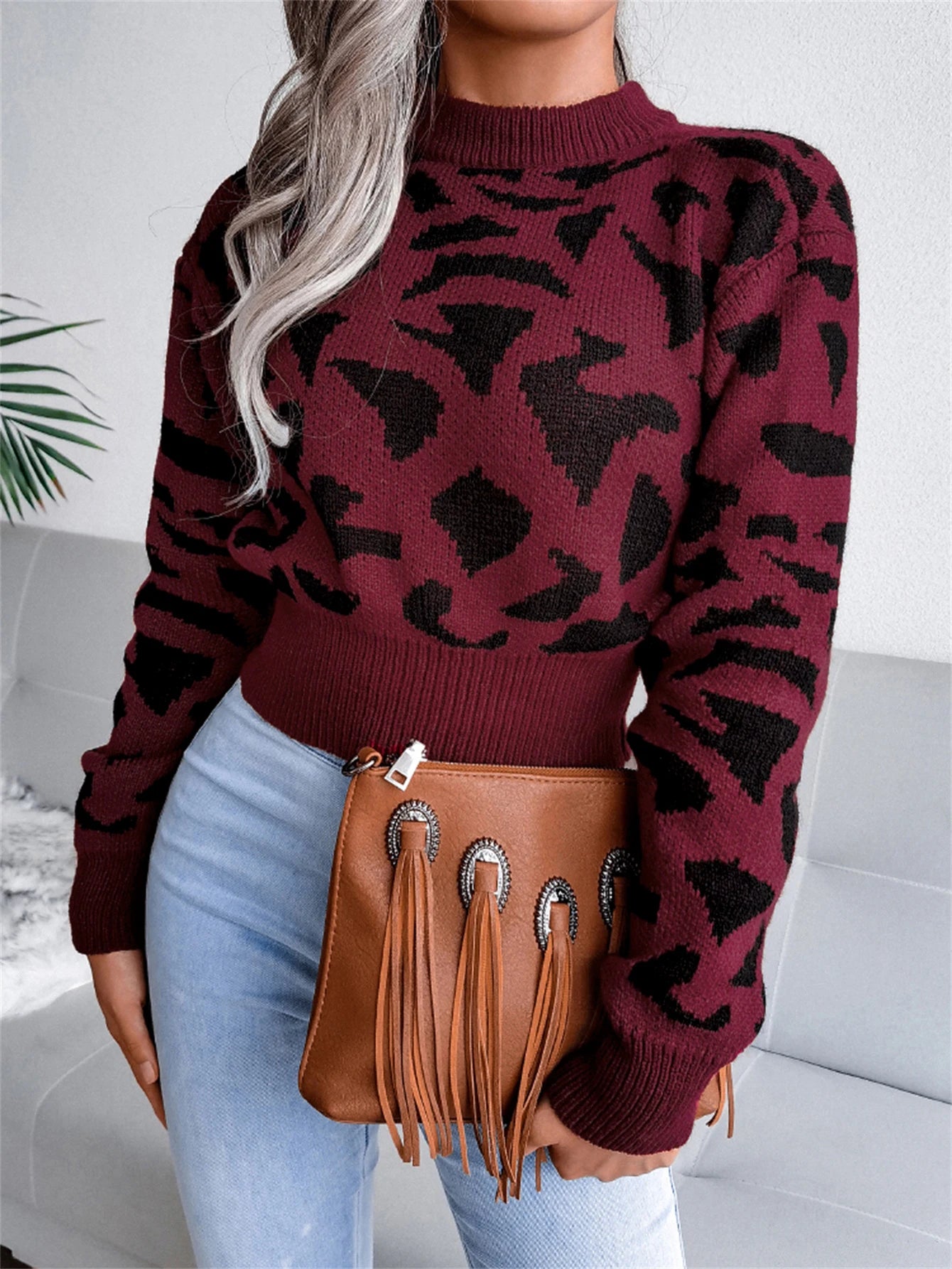 Pullover con stampa leopardata donna – Maglione corto girocollo per autunno/inverno, knit con raccolta in vita